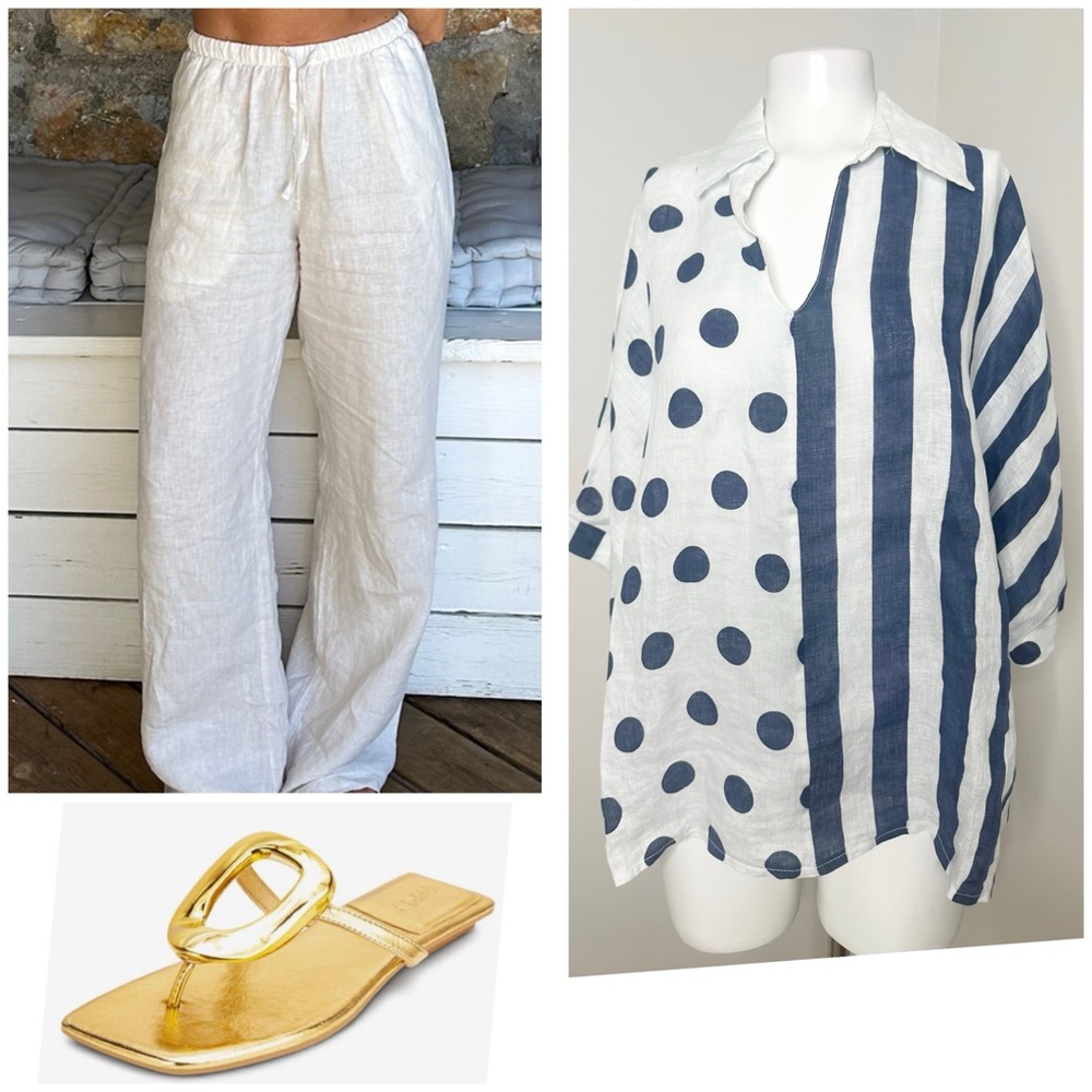 M MADE IN ITALY BLUE WHITE STRIPE POLKA DOT BLOUSE- PREPOVED-MEDIUM